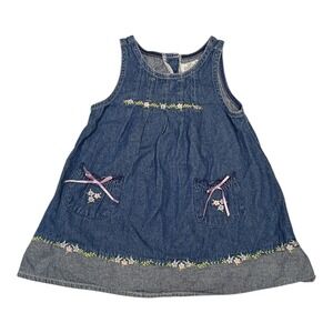 Girls Y2K 90's Vintage Denim Flower Embroidery Dress 24 Mos Kidscore 100% Cotton